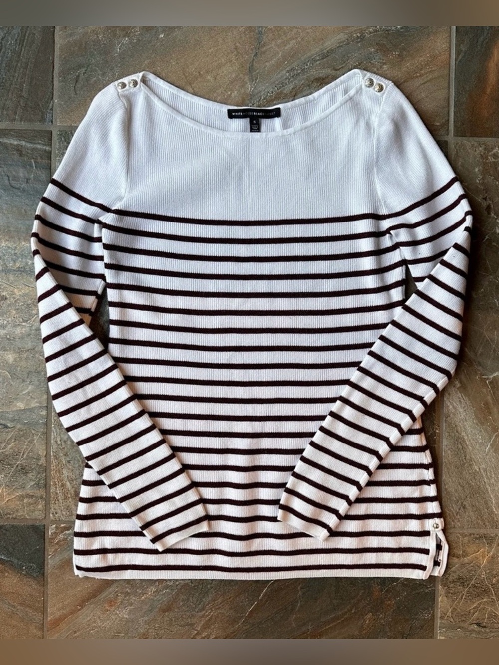 White House Black Market Striped Long Sleeve Sweater White and Maroon Small